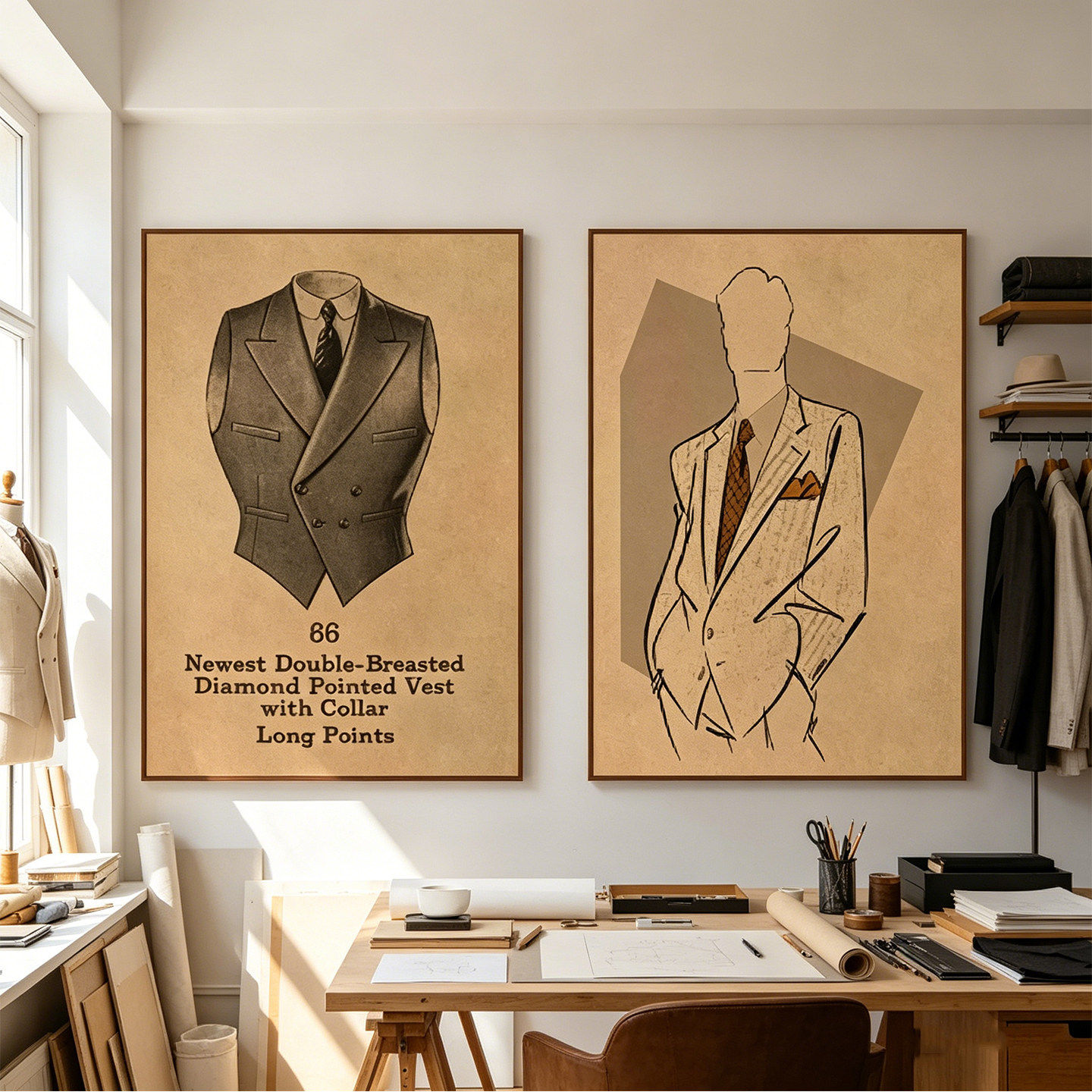 高级礼服西装装饰画美式男士服装设计工作室挂画西服店裁缝店壁画