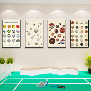 复古运动器材图鉴装饰画工业风网球馆健身房墙面挂画创意球拍壁画