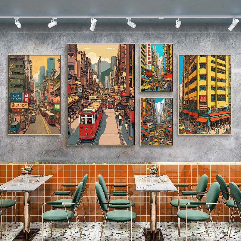 香港街景装饰画港式茶餐厅挂画糖水铺酒楼酒店民宿建筑老街道壁画