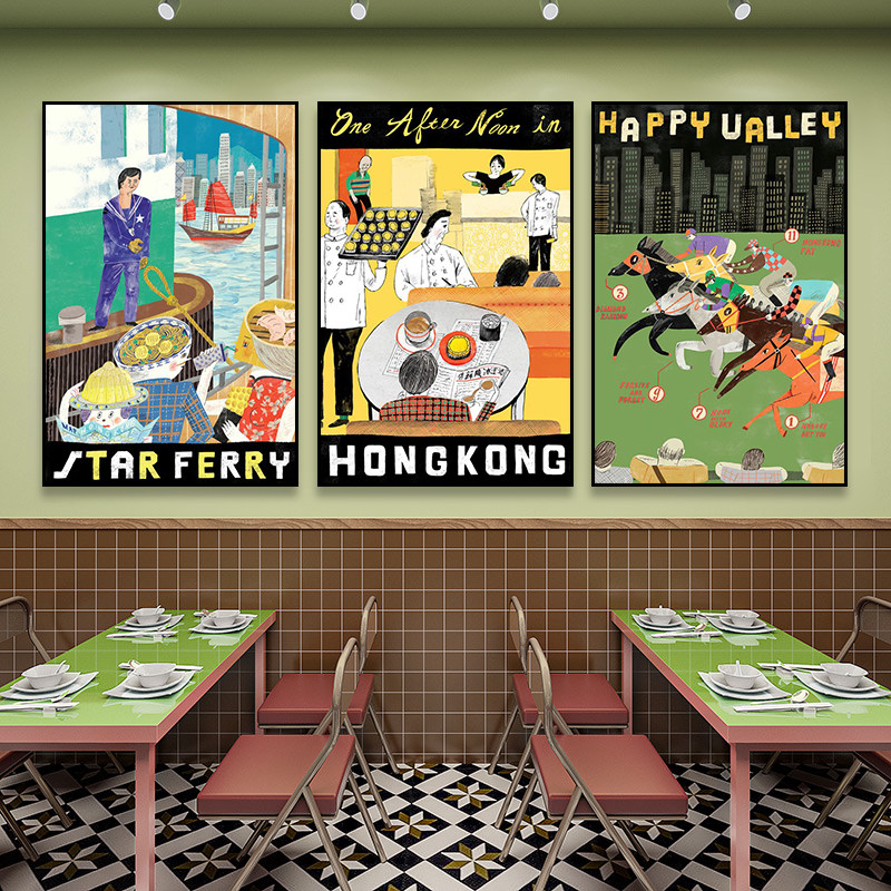 港式饮食文化装饰画烧腊店快餐店烧鹅挂画冰室老街景创意文字壁画