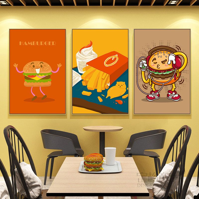 汉堡店装饰画西餐厅披萨店挂画炸鸡店小吃店创意卡通美食薯条壁画