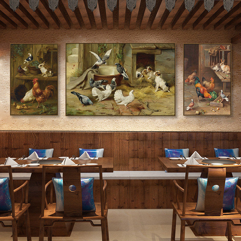 农家乐饭店装饰画农庄餐厅墙鸡鸭鹅羊兔鹦鹉狗油画风挂画乡村壁画