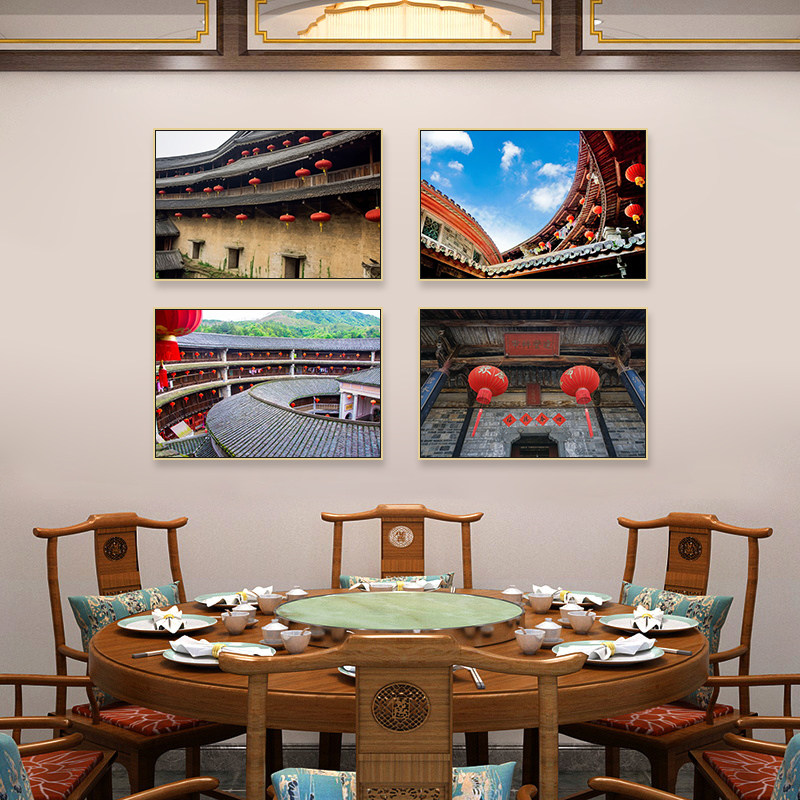 客家建筑挂画客家文化农家乐饭店餐厅包厢装饰画屋檐围龙屋壁画