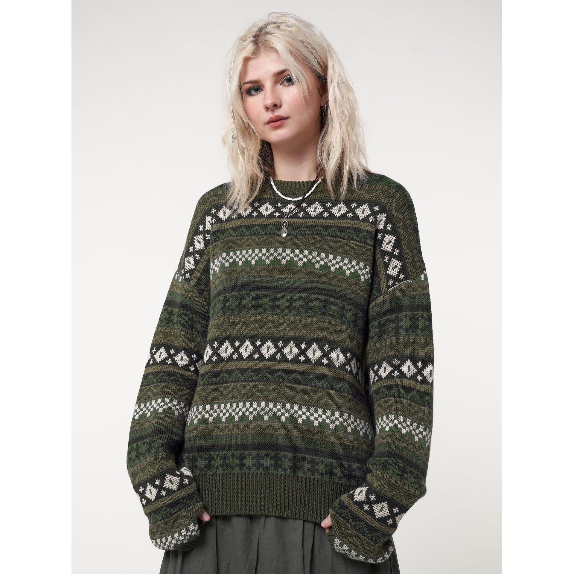 contrasting color lazy loose couple jacquard sweater retro