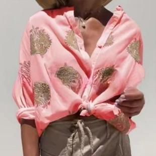 Lapel Long Sleeve Ladies Button Shirt Womens Graphic