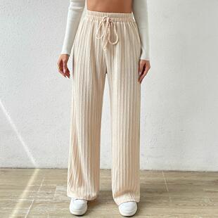 Knot Waist Textured Knit Wide Leg Pants Elastic High Waist