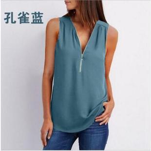 zipper vest shirt Womens chiffon sleeveless neck loose