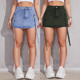 denim short mid women non skirt waist elastic for