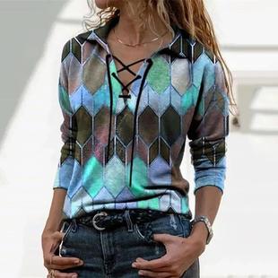 Long Tops Color Womens neck Sleeve Contrast shirt Shirt