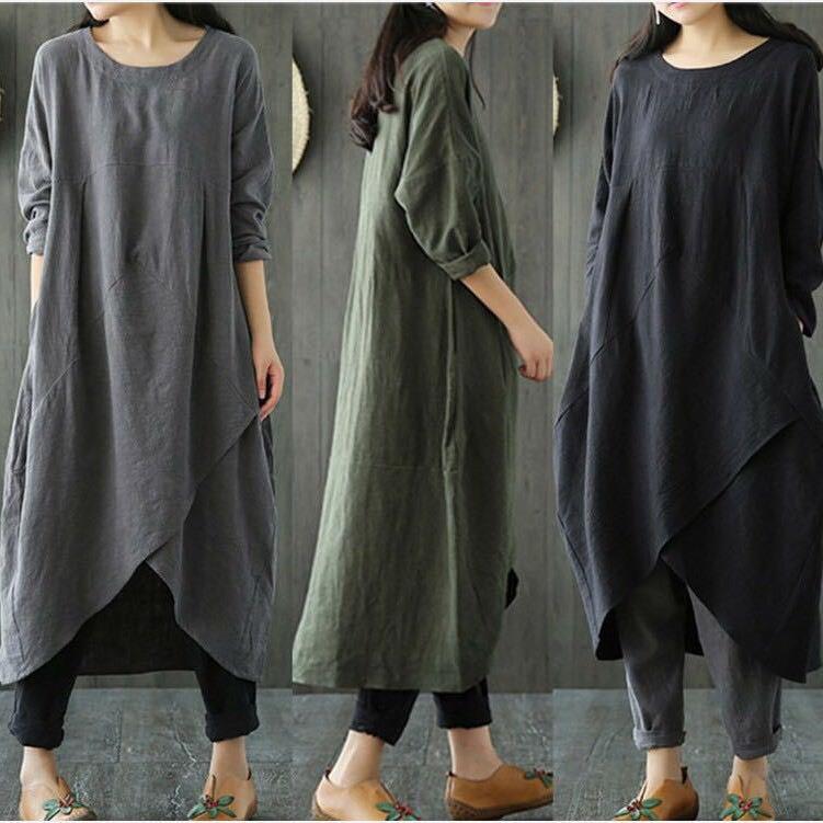 summer women dress neck solid color linen retro long loose