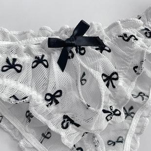 contrast elastic bow high Ruffled thong color mesh sexy