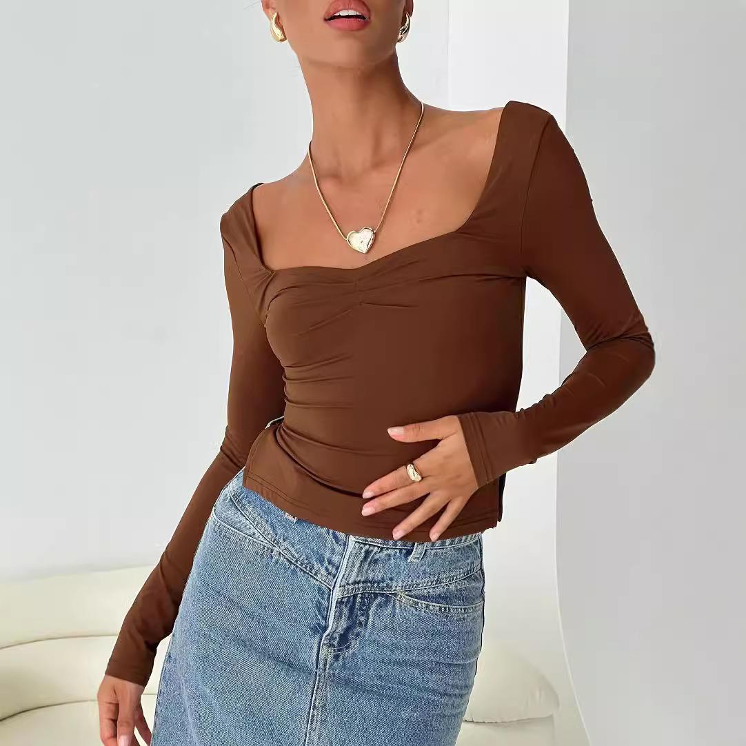 Womens slim-fit square neck chest gathered side slit long