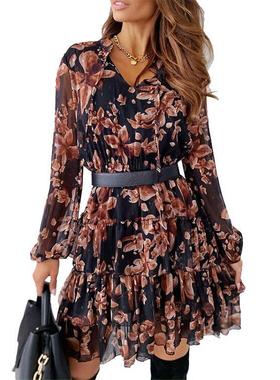 Temperament V-neck long-sleeved belt ruffle skirt dress for