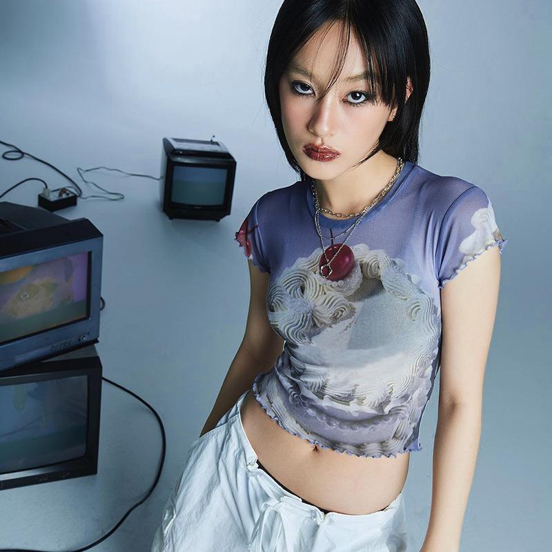 Round cake ear T-shirt hot girl cherry blue fashionable