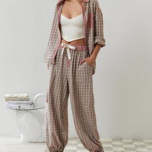 couple japanese sleep bottoms plaid simple lattice pajama