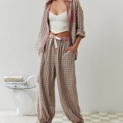 couple japanese sleep bottoms plaid simple lattice pajama