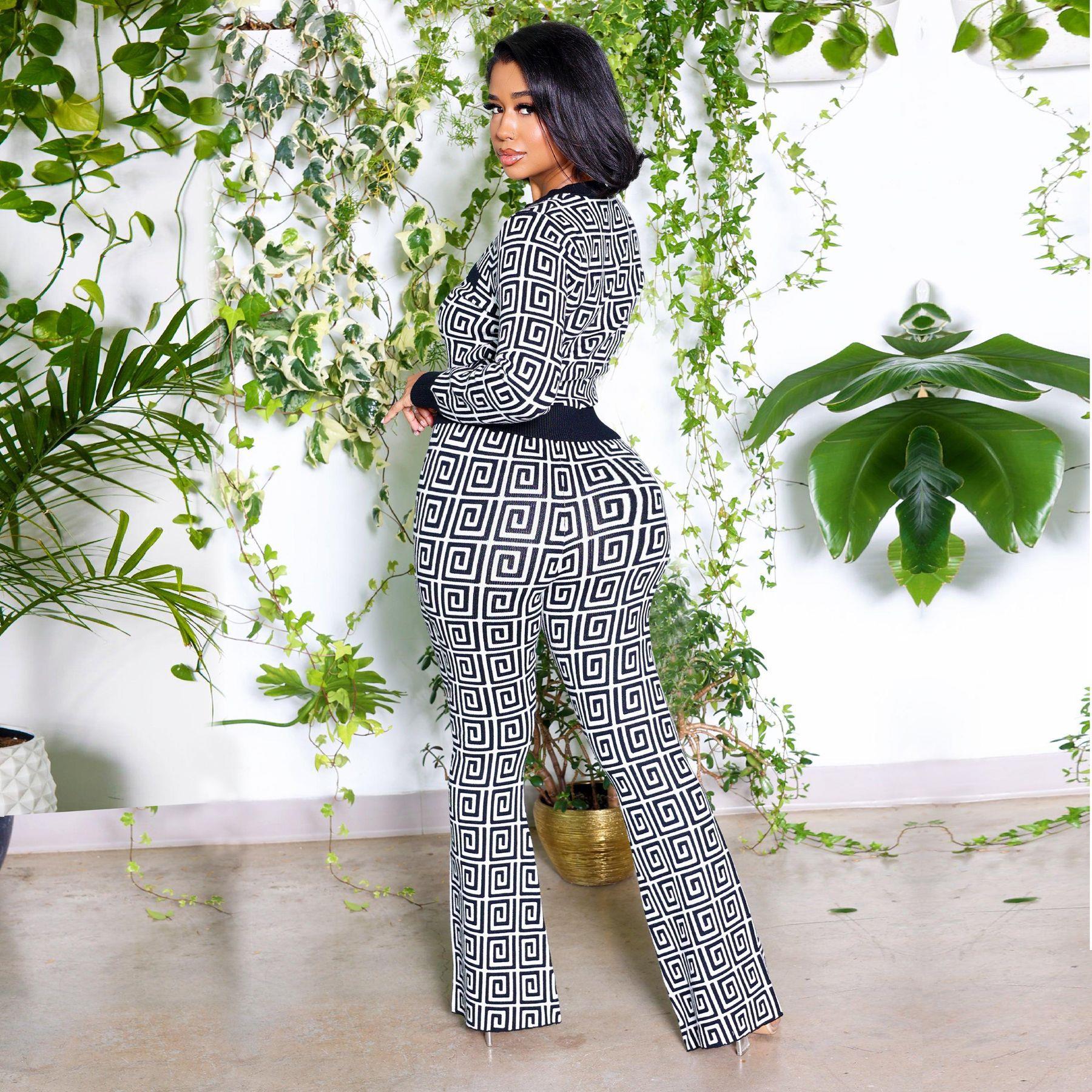 Womens cardigan suit fashionable flared trousers two-piece