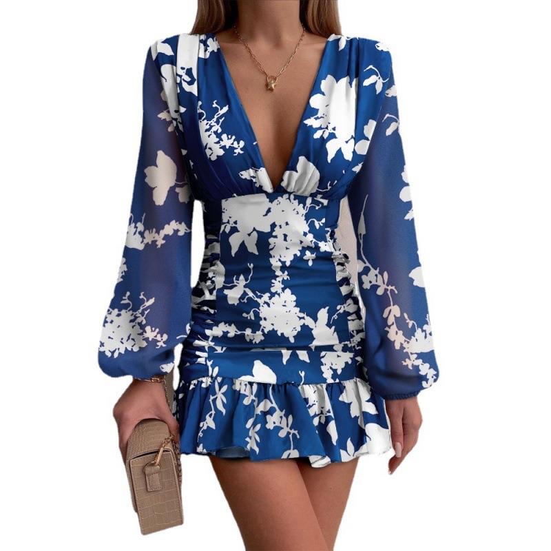 Mid-waist temperament tight commuting blue skirt pullover