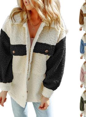 coat fur loose colorblock double-pocket long-sleeved womens