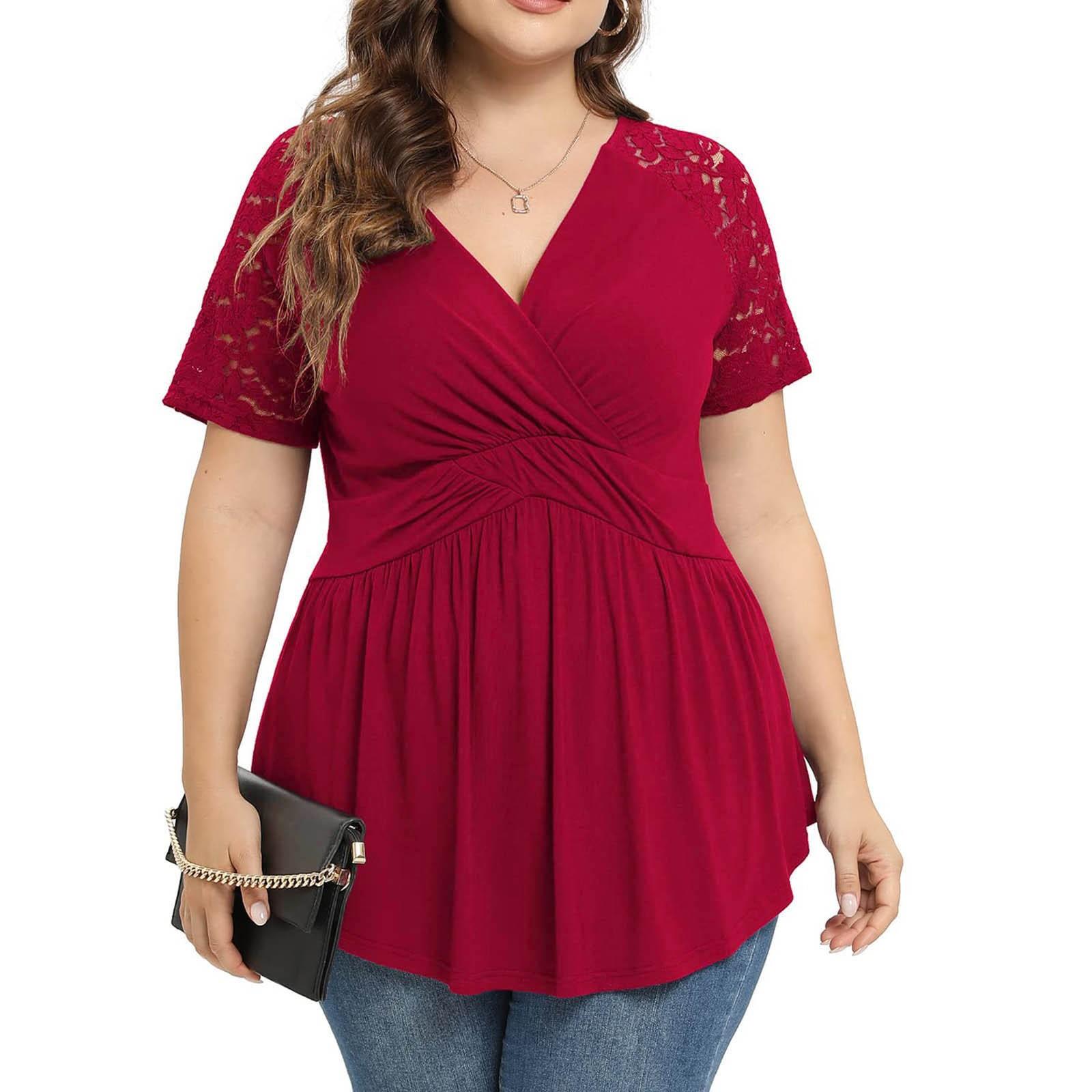 Womens Large Solid Size Pleated Lace T-Shirt Stitching