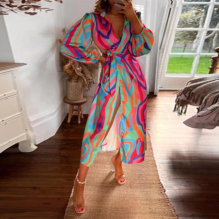robe dress long bandage button tie-up waist vintage dress