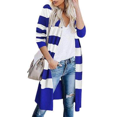 Knitted Sweater Contrast Color Striped Long Cardigan