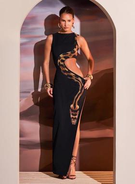 Women's side waist hollow python slim fit slit long dress