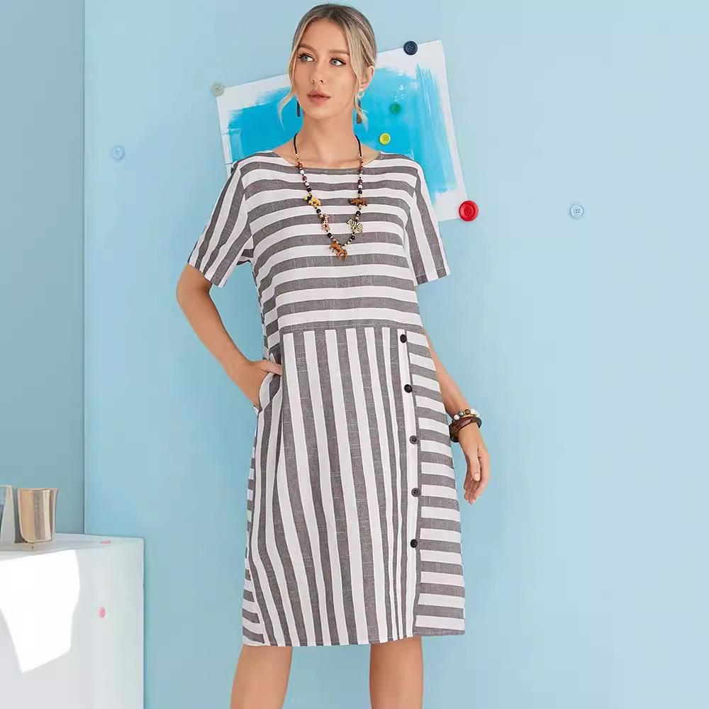 Round Neck Short Sleeve Striped Womens Loose Plus Size Dress