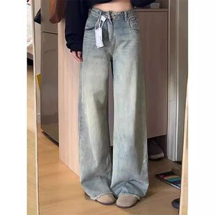 美式复古做旧水泥黄阔腿牛仔裤女新款2026高腰宽松显瘦垂感直筒裤