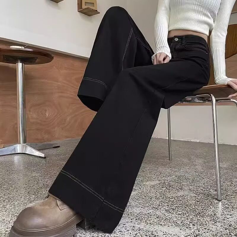 黑色加绒加厚阔腿牛仔裤女2025秋冬双扣高腰宽松直筒大喇叭拖地裤