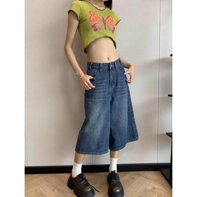 Sleepzoo 26SS 简约百搭复古假两条牛仔中裤女 休闲宽松七分裤秋