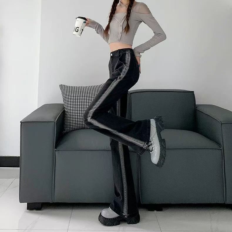 黑灰撞色微喇牛仔裤女2025秋季新款高腰显瘦设计感小众马蹄裤