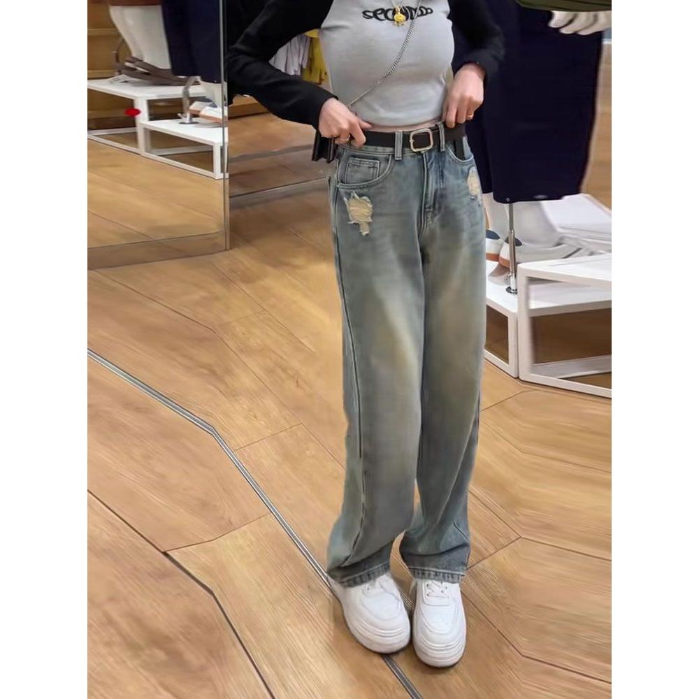 复古直筒牛仔裤女2025年秋季新款辣妹宽松高腰显瘦窄版阔腿长裤子