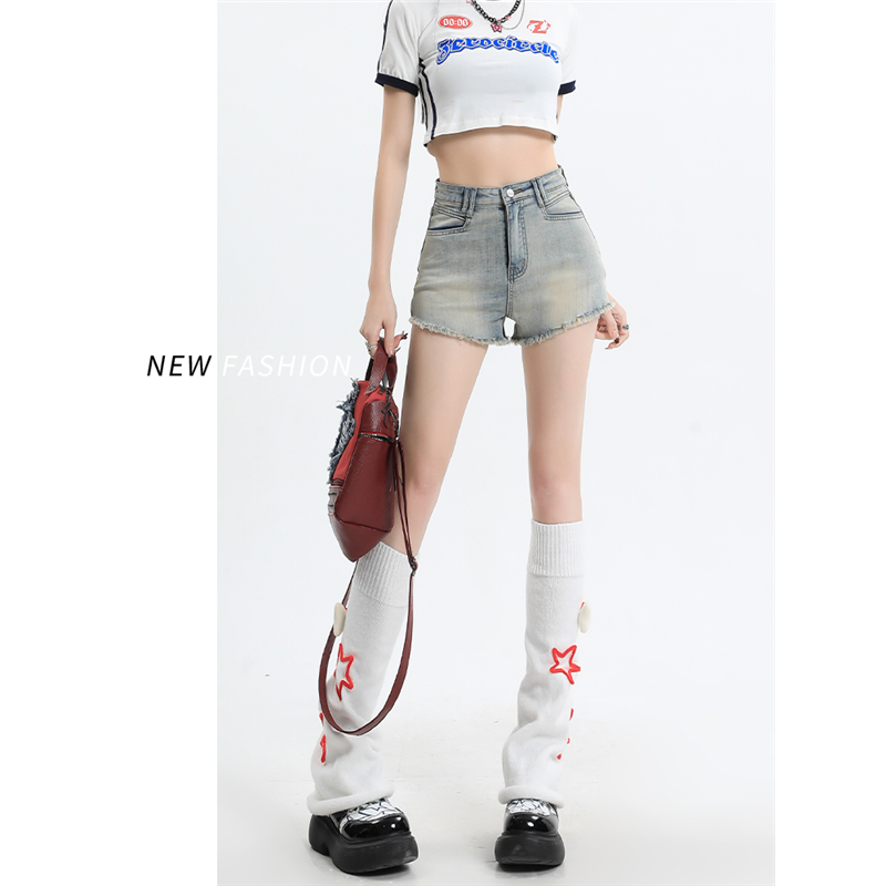 浅色高腰牛仔短裤女2025秋季新款小个子宽松显瘦a字毛边超短热裤