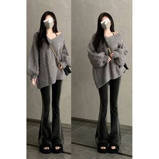 黑色渐变牛仔裤女春秋新款妹妹高腰微喇马蹄裤显瘦修身直筒裤