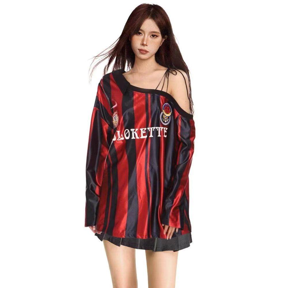 BIGGOLD美式复古米兰球衣风女斜肩卫衣早秋绑带露肩blokette长袖