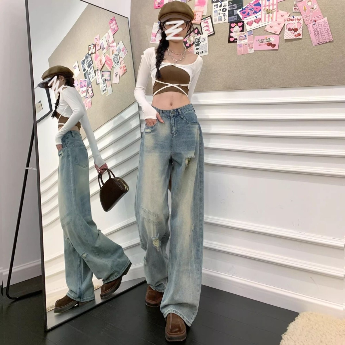 蓝色高腰破洞牛仔裤女2025年秋季新款设计感水洗做旧垂感阔腿拖地,女装/女士精品,牛仔裤,淘宝优惠券,粉丝福利购,淘宝优惠卷