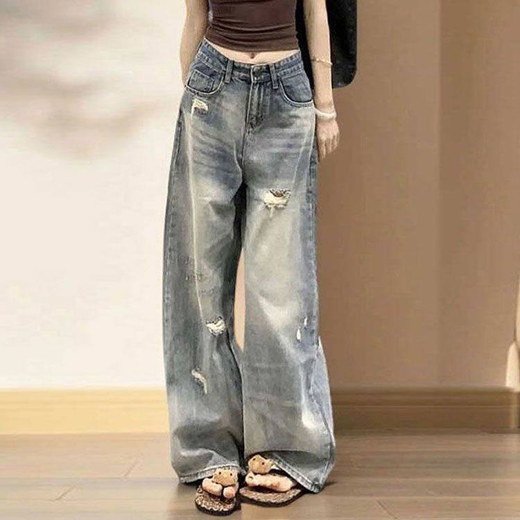 高腰破洞蓝色阔腿牛仔裤女2025秋季新款水洗显瘦设计感宽松长裤,女装/女士精品,牛仔裤,淘宝优惠券,粉丝福利购,淘宝优惠卷