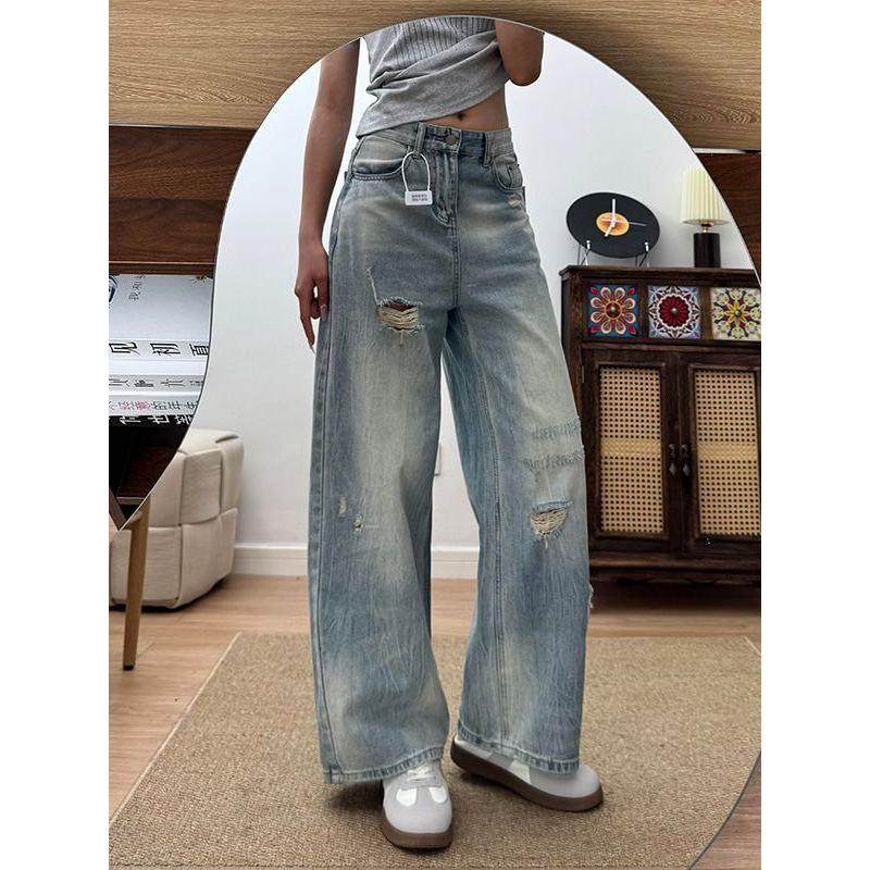 2025年秋季新款复古高腰宽松显瘦破洞牛仔裤女新款设计感直筒阔腿,女装/女士精品,牛仔裤,淘宝优惠券,粉丝福利购,淘宝优惠卷