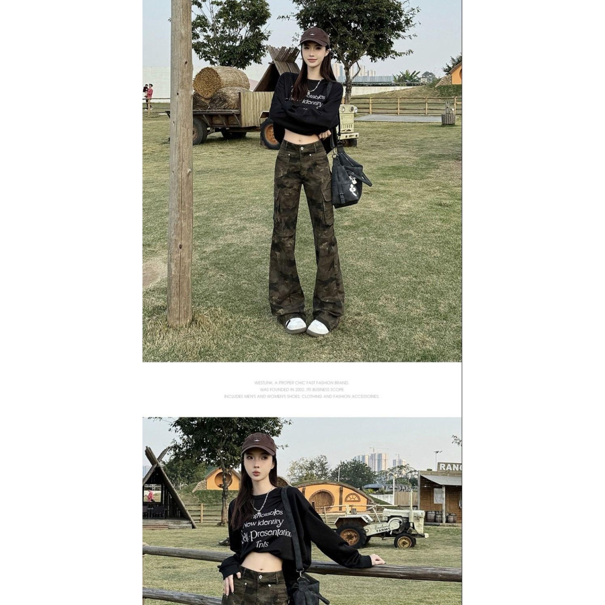 多口袋工装裤微喇牛仔裤女夏季2025新款显瘦修身迷彩喇叭裤子