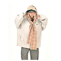 HTYM美式复古假两件格子拼接围巾连帽风衣夹克女秋季日系情侣外套