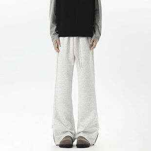 裤脚拉链卫裤男秋冬季加绒加厚设计感微喇裤秋冬款宽松直筒休闲裤