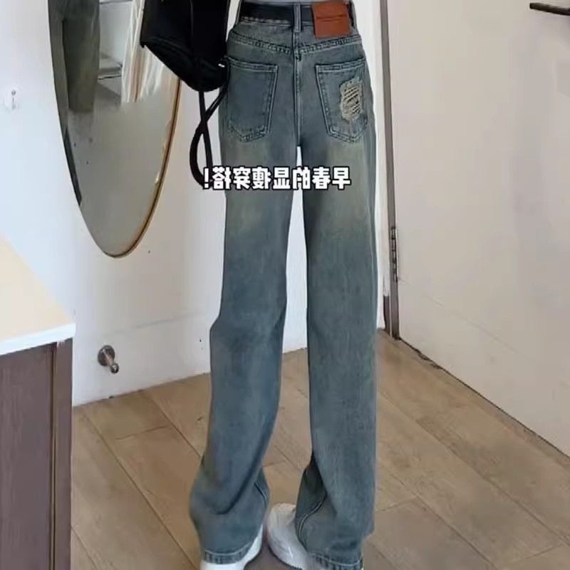 窄版阔腿裤女2025秋季新款破洞设计感宽松显瘦水洗做旧直筒牛仔裤
