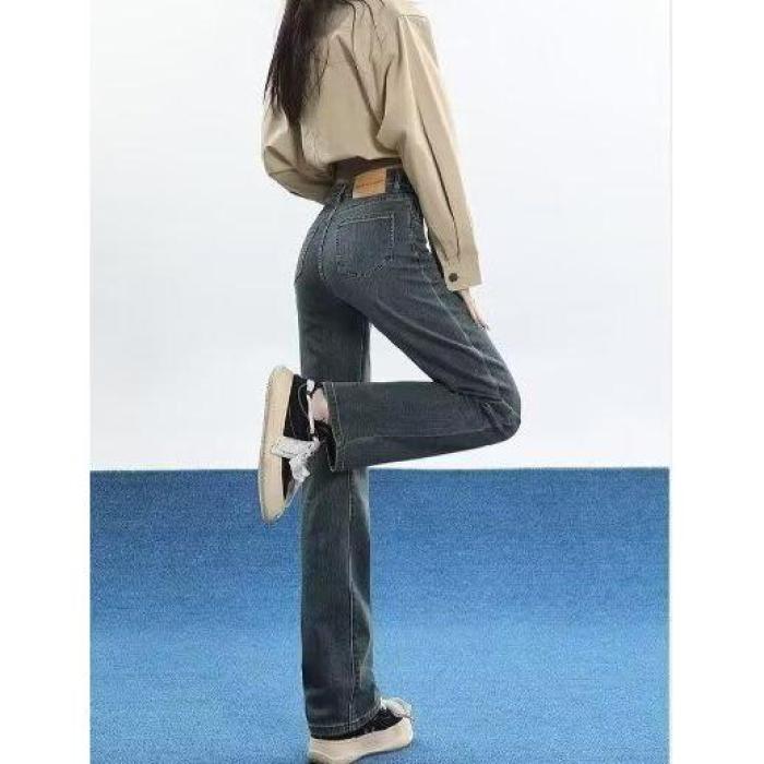 水泥灰直筒牛仔裤女2025春秋新款复古高腰显瘦休闲窄版阔腿裤子潮
