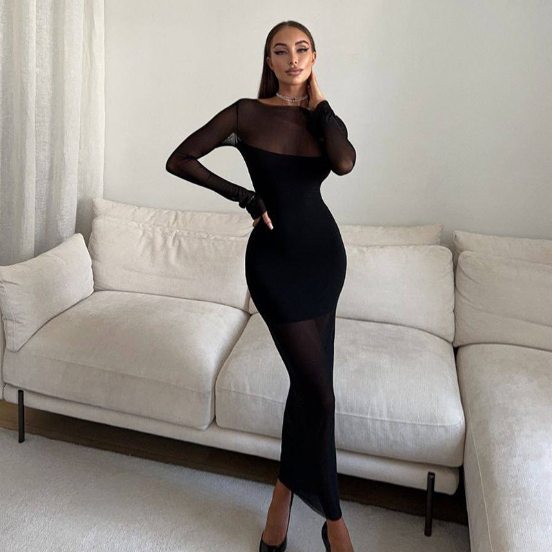 cngirl 欧美纯色性感辣妹网纱拼接透视长袖气质包臀紧身连衣裙女,女装/女士精品,连衣裙,淘宝优惠券,粉丝福利购,淘宝优惠卷