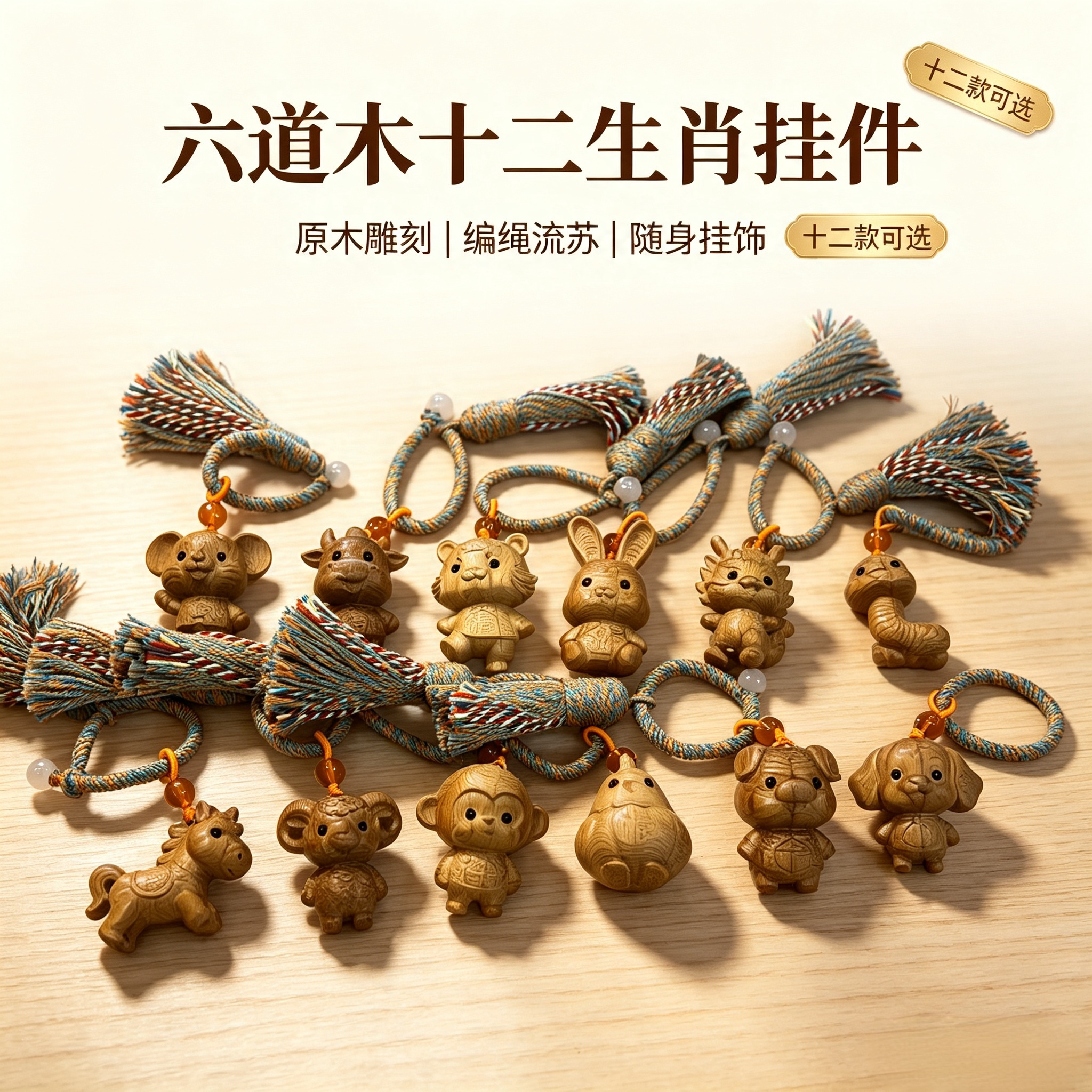 六道木十二生肖挂件 原木雕刻属相吊坠 文玩随身手把件钥匙扣挂饰
