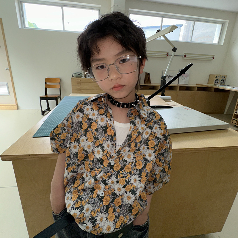 男童短袖衬衫夏装新款儿童韩范洋气衬衣半袖碎花男孩夏季童装上衣