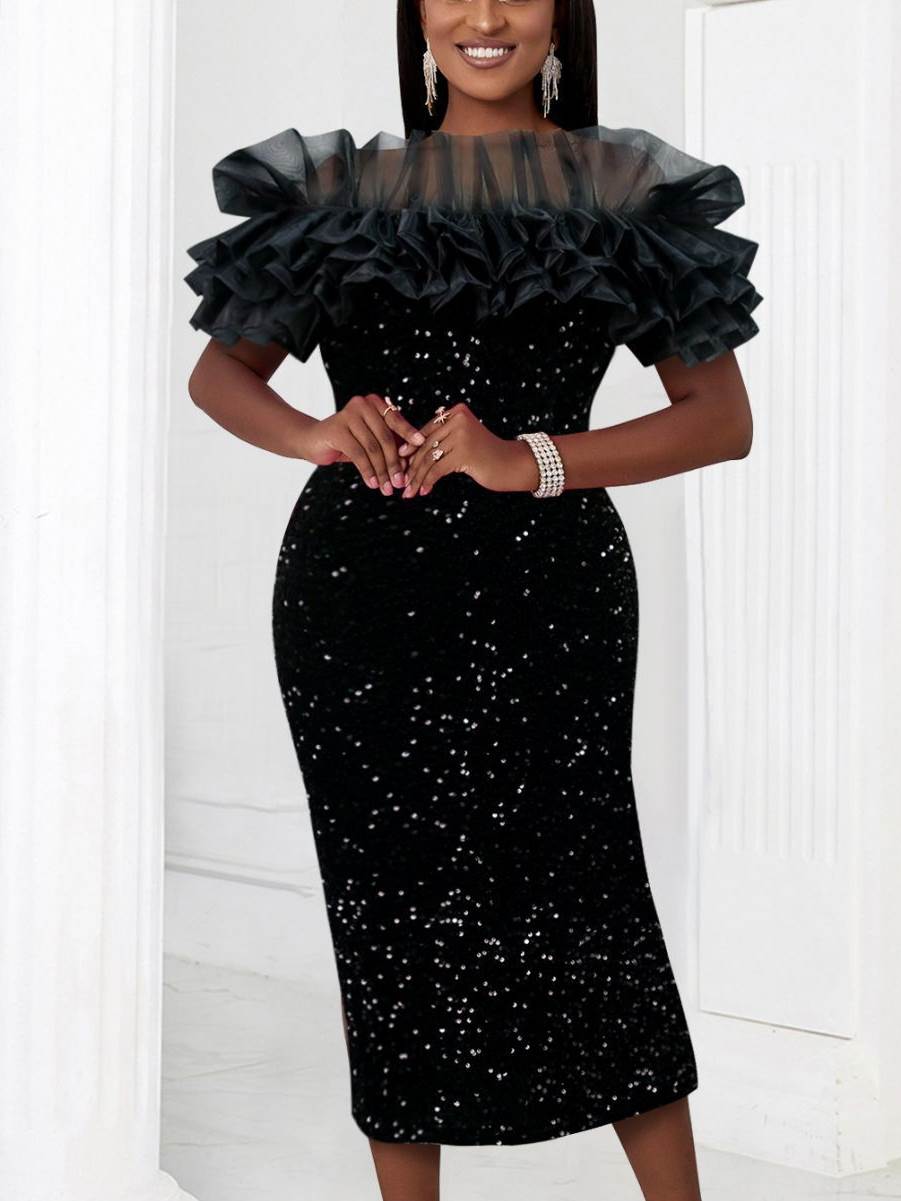 欧美大码新款亮片一字领礼服连衣裙Plus Size Sequin Party Dress