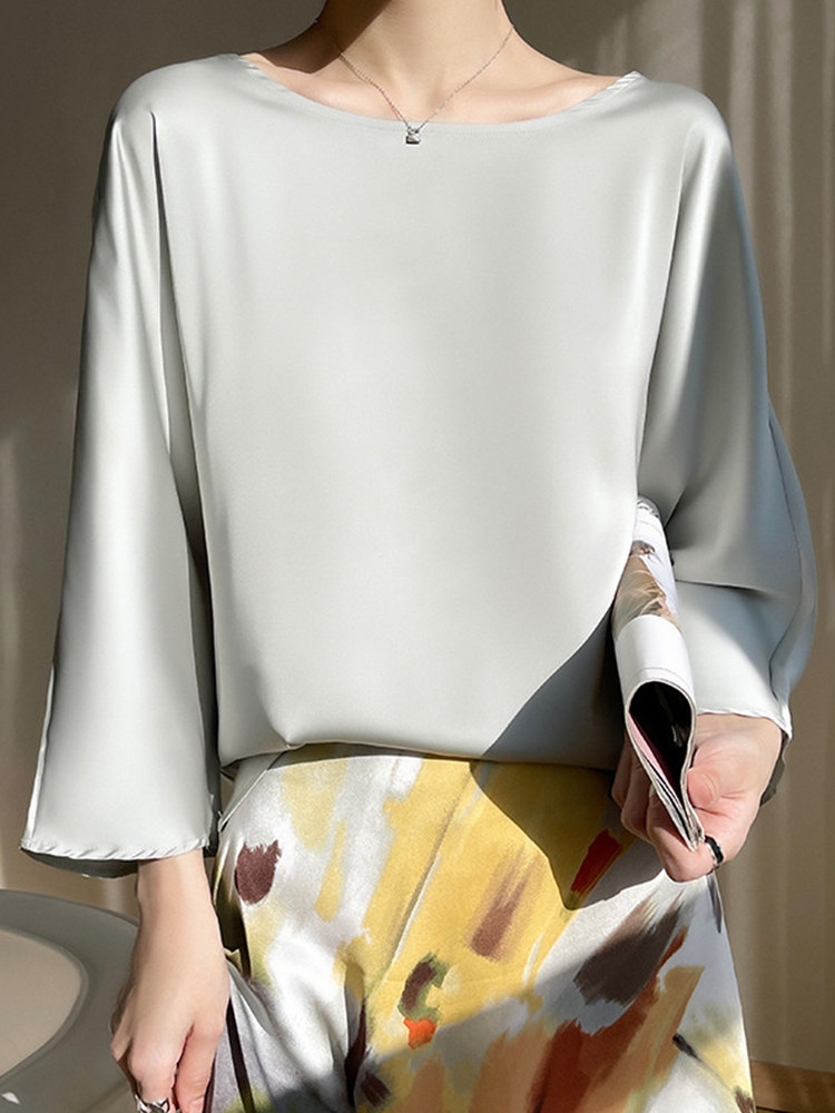 여성용 캐주얼 루즈 라운드 넥 반팔 탑 실크 새틴 얇은 드레이프 틈새 디자인 7부 소매 바닥 셔츠