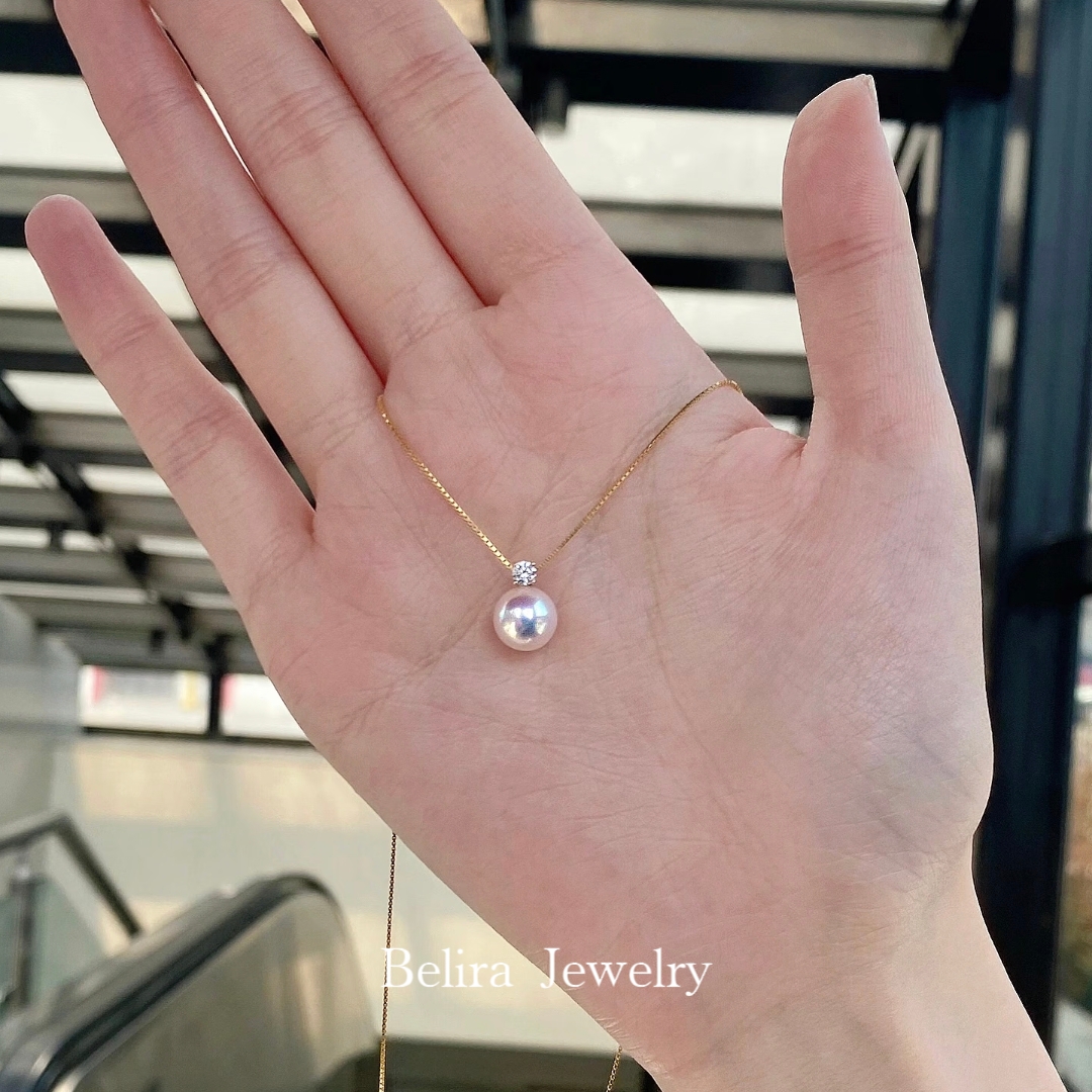 AKOYA天然海水珍珠戴妃吊坠18K金钻石王妃极光正圆天女级项链百搭